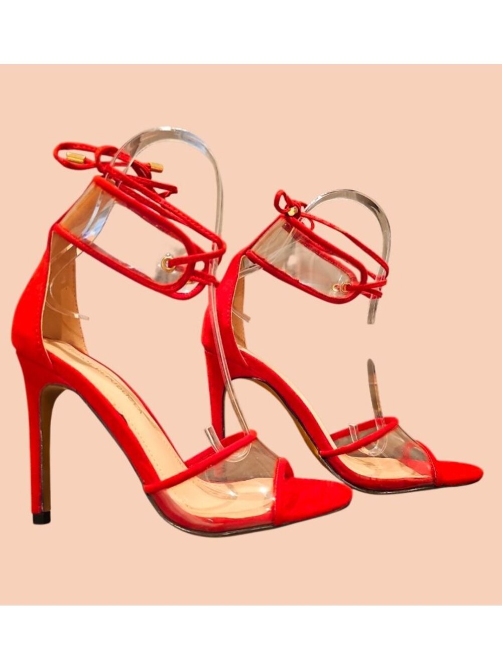 Strappy Red High Heels With Clear PVC Accents & Lace-Up Ankle Straps Stilettos